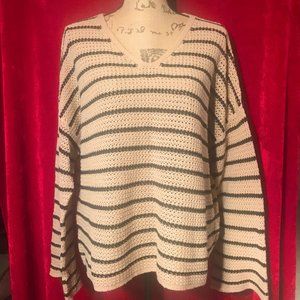 Excellent  Crochet V Neck Sweater Beige/Black Stripes Long Sleeves